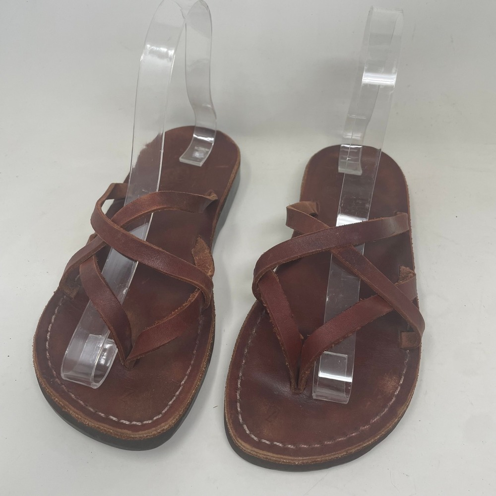 Camels Brown Leather Strappy Toe Loop Jesus Sandals Flat Boho Slides Womens 37